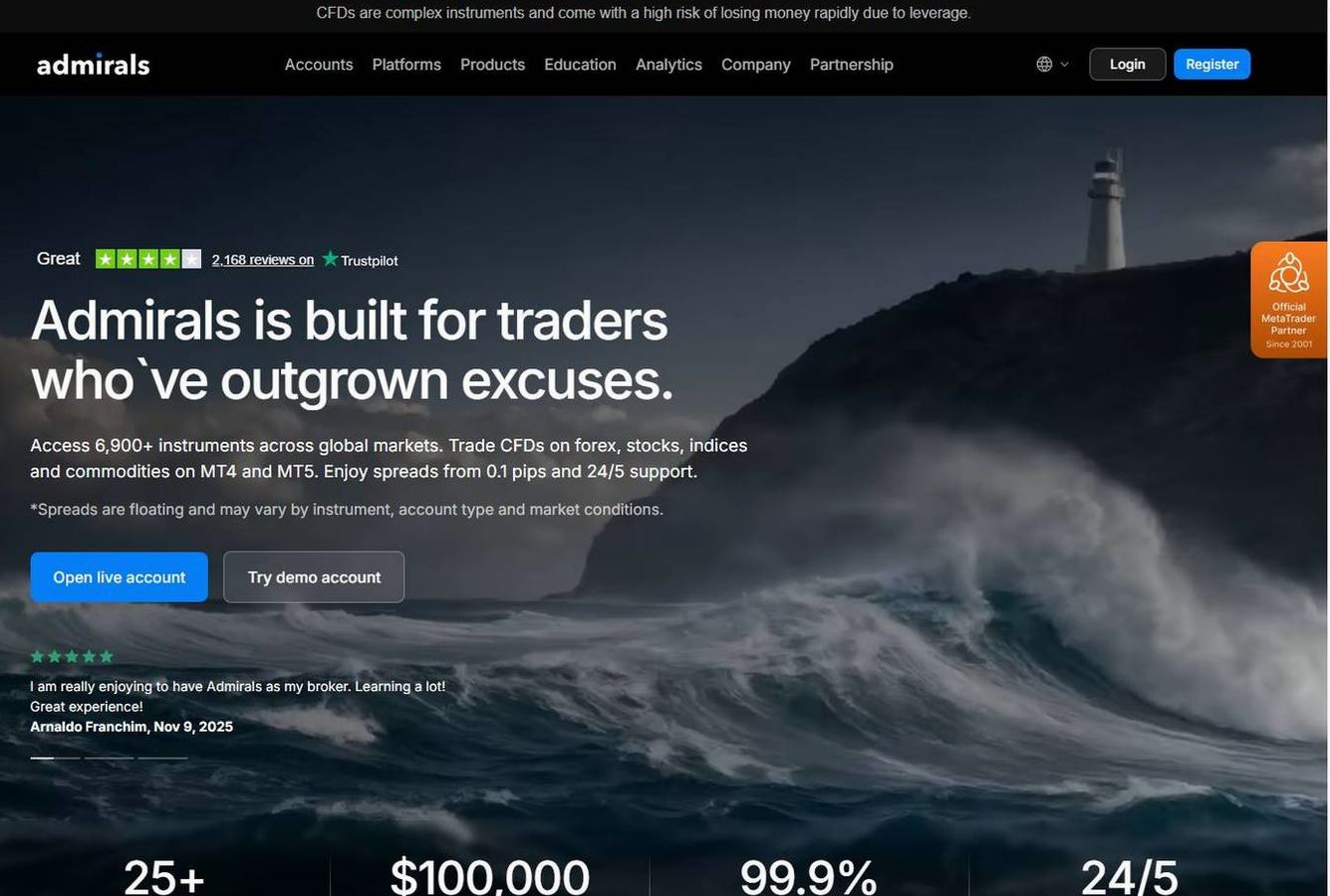 Screenshot of the Admirals website