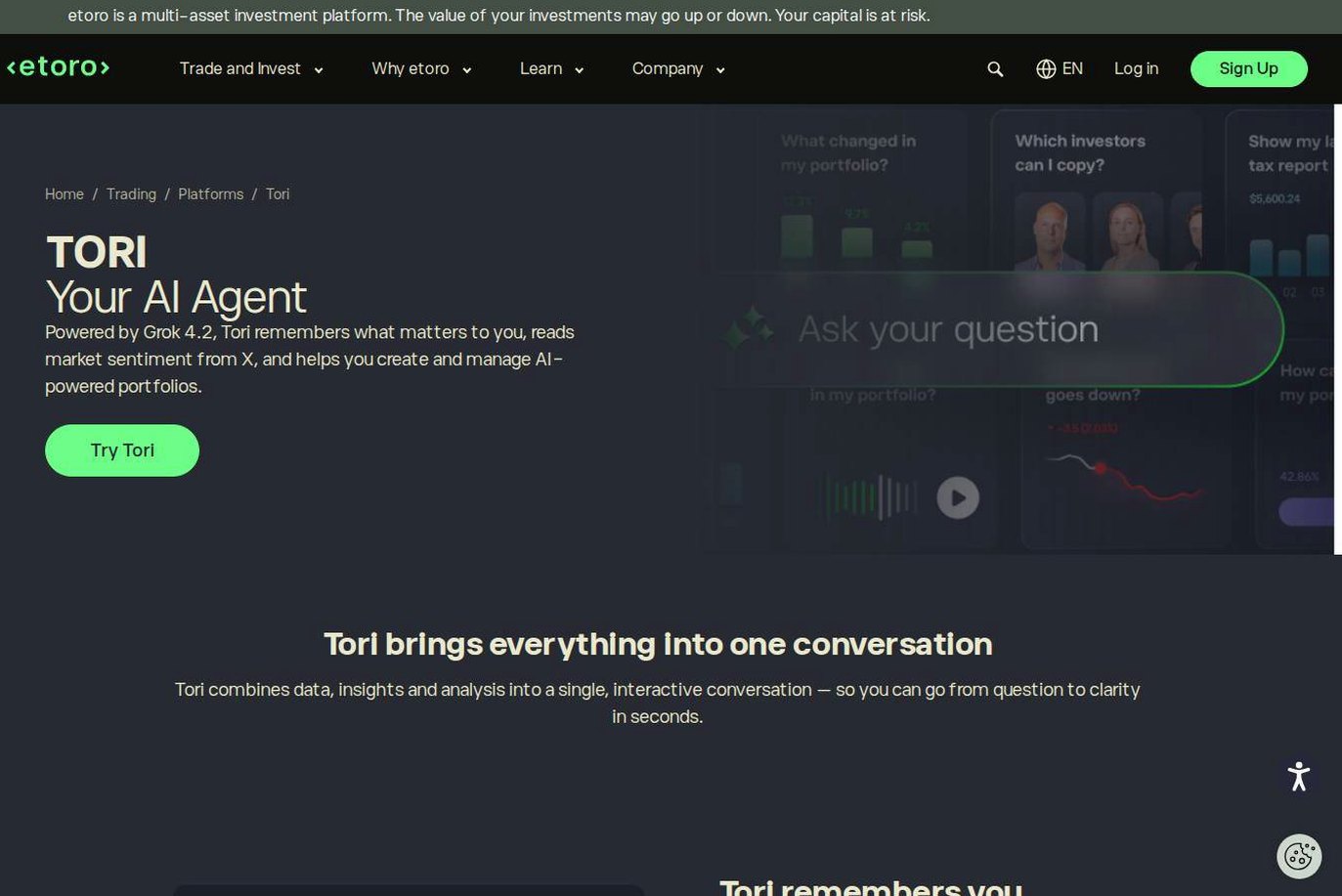 The platform page on the eToro website
