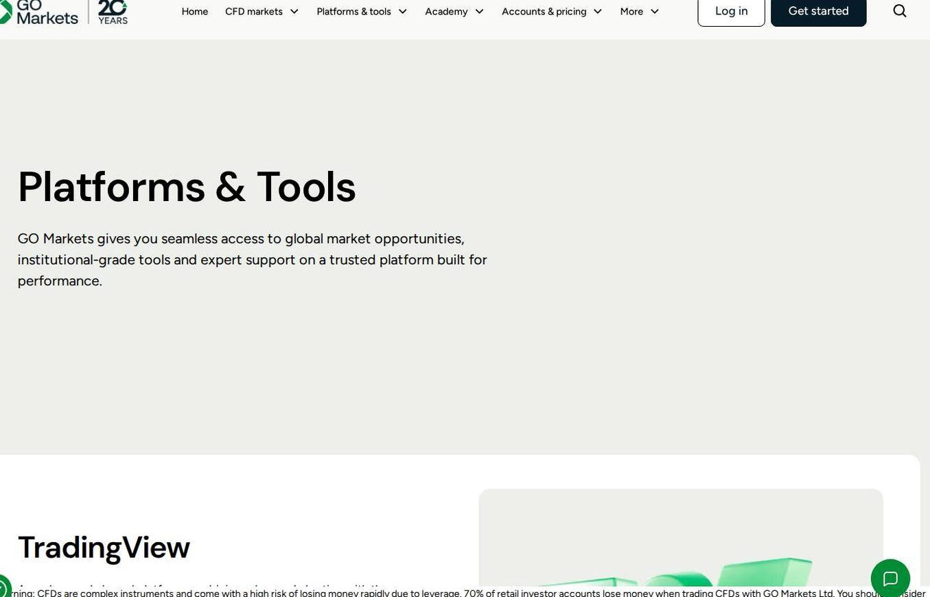 The platform page on the GO Markets website