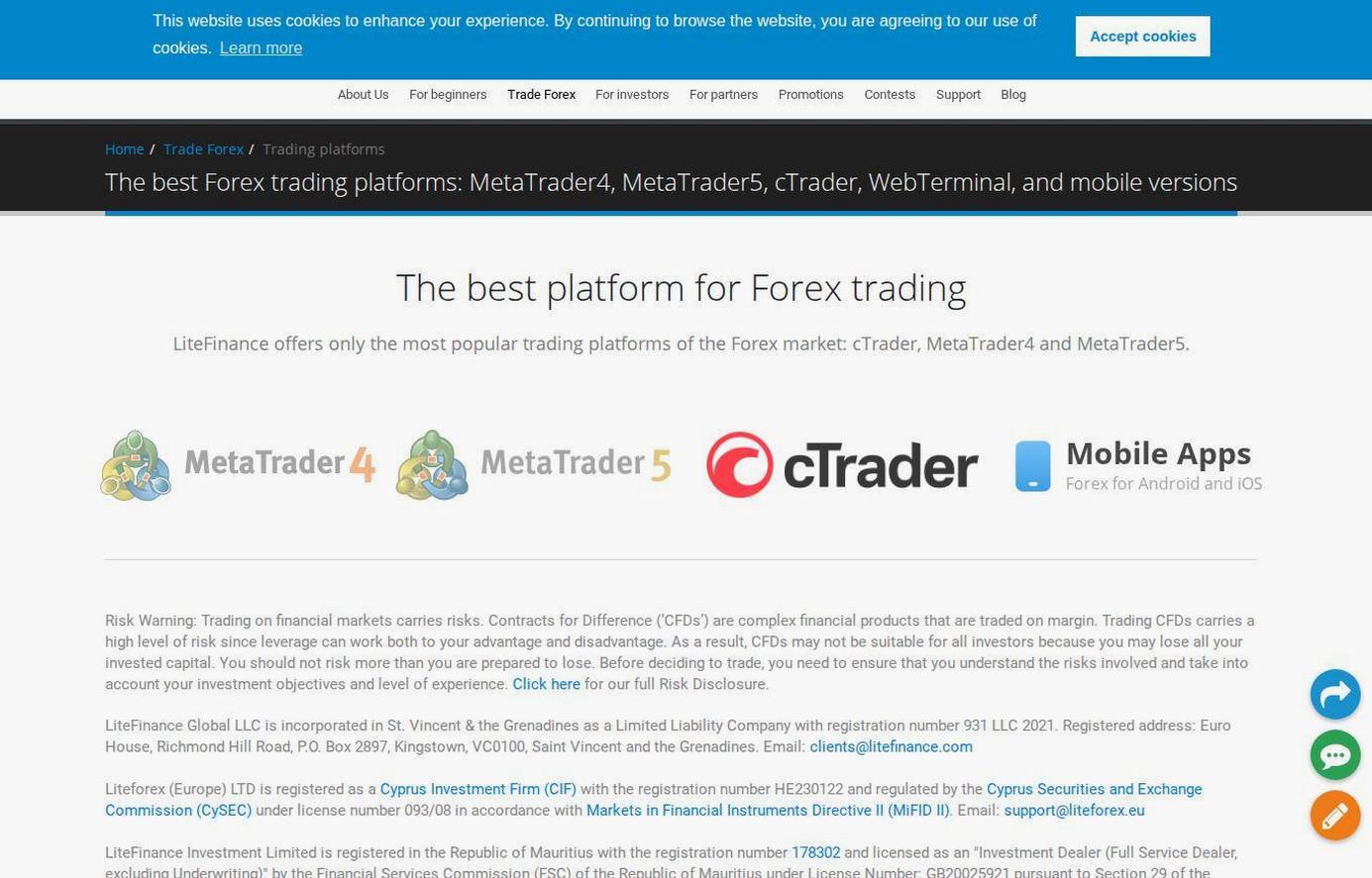 The platform page on the LiteFinance website