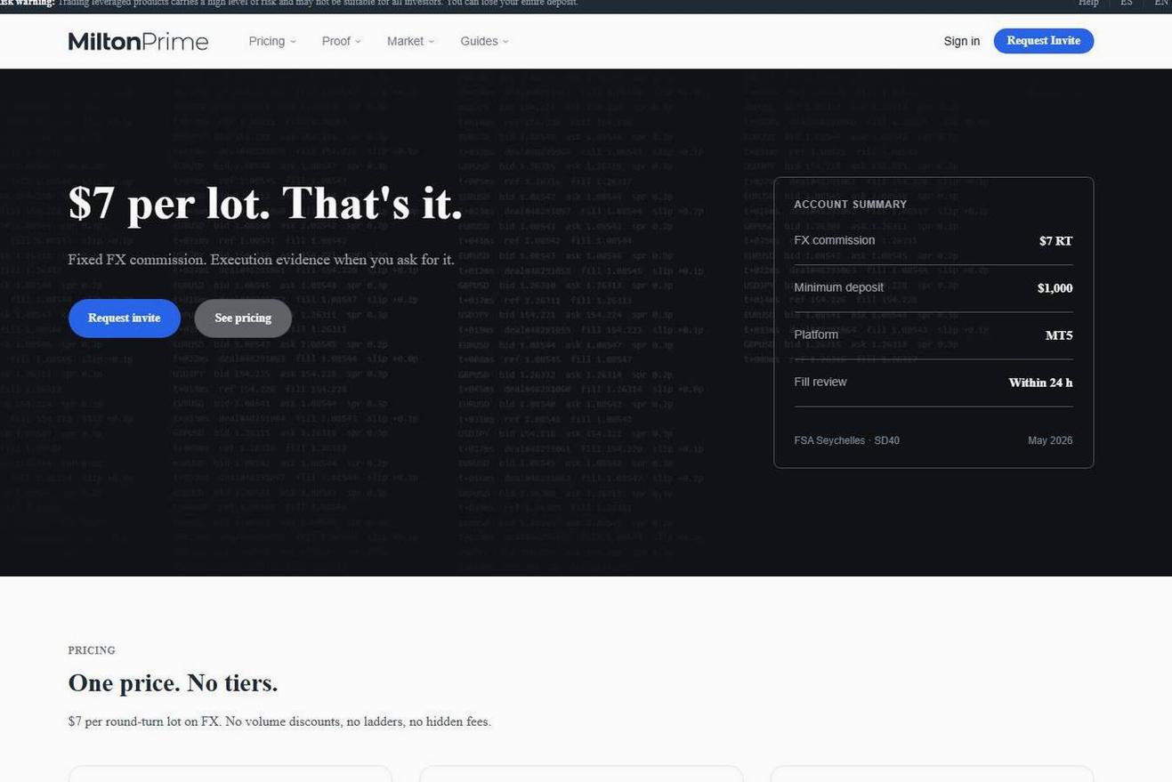 Screenshot of the Milton Prime website