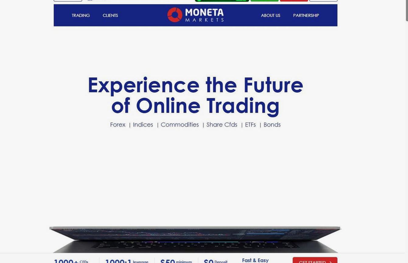 Screenshot of the Moneta Markets website