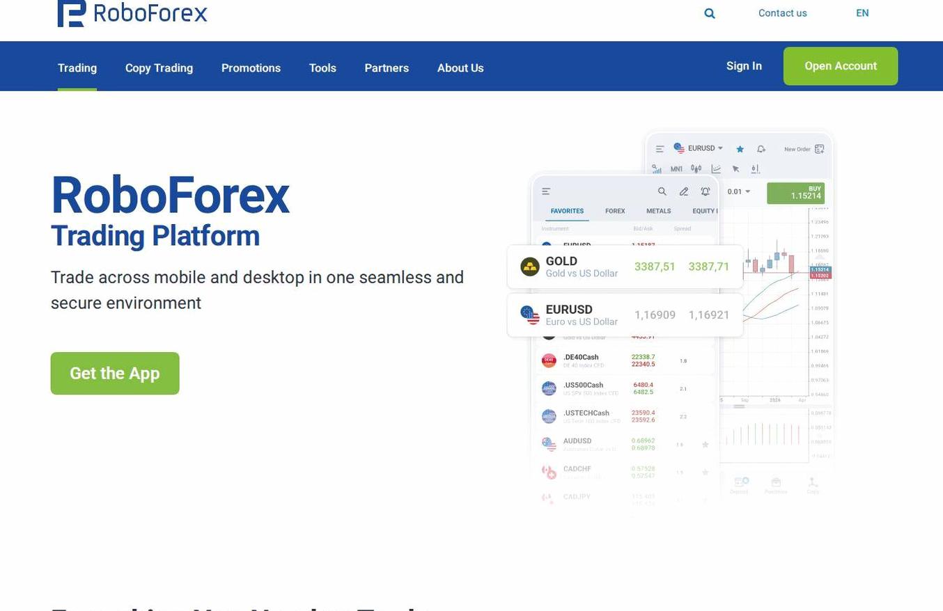 The platform page on the RoboForex website