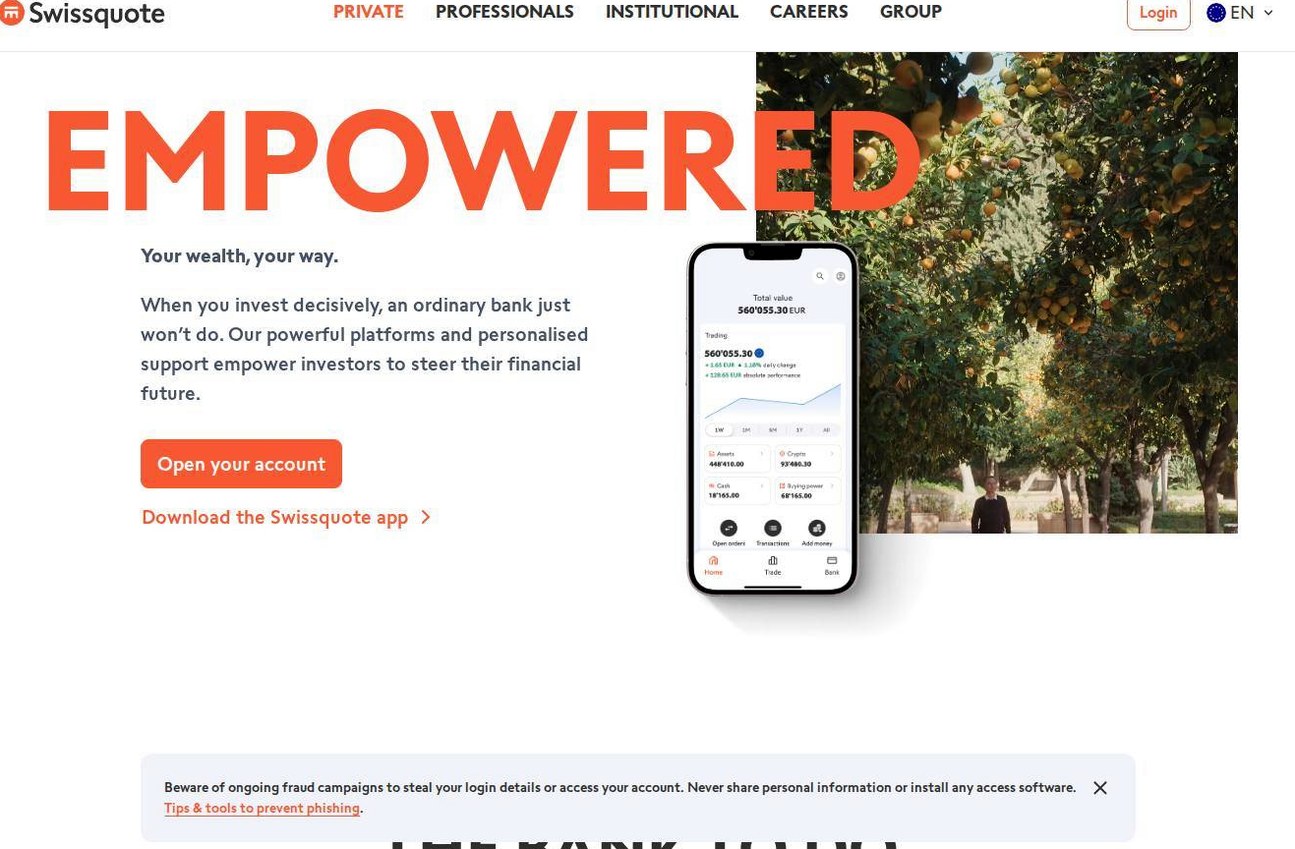 The platform page on the Swissquote website