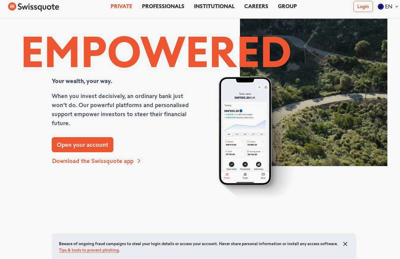 Screenshot of the Swissquote website