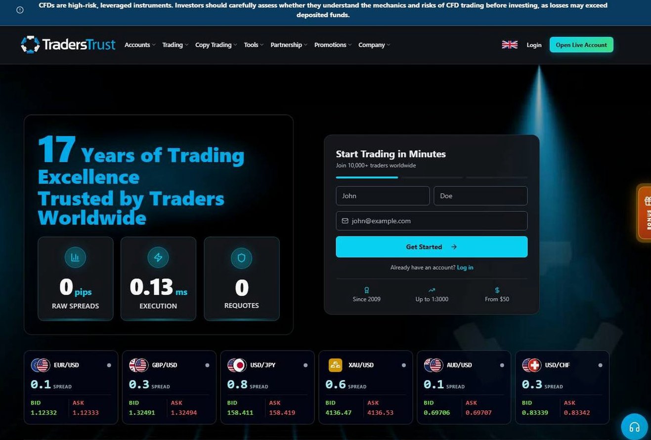 Screenshot of the Traders Trust website