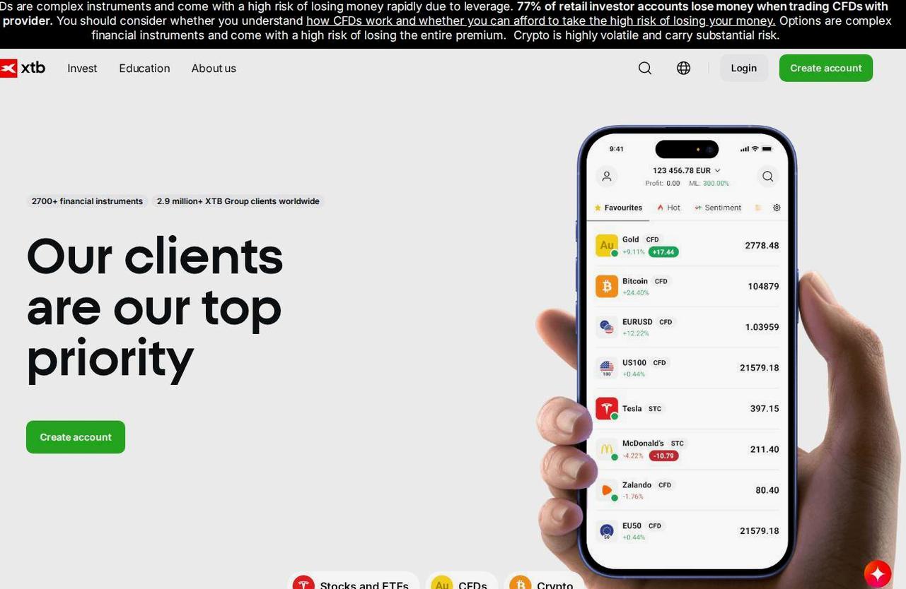 Screenshot of the XTB website